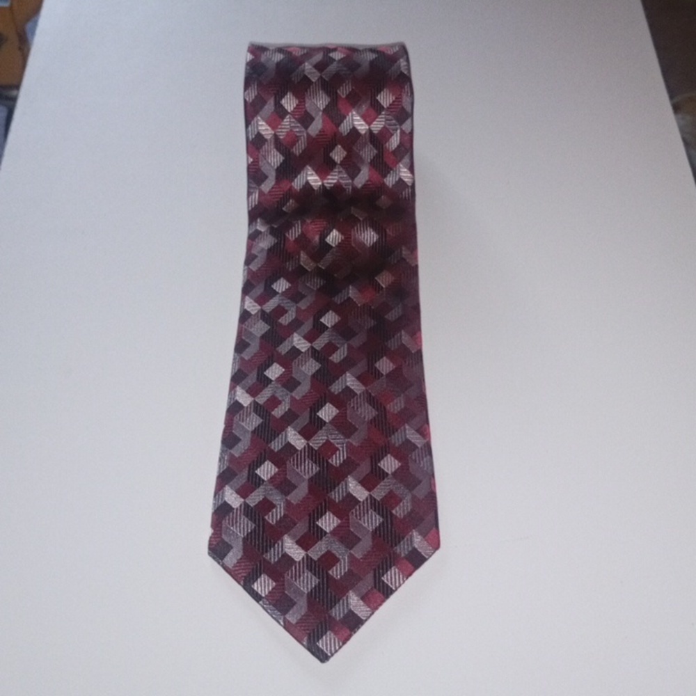 Geometric Patterned Tie - Red and Gray 100% Silk